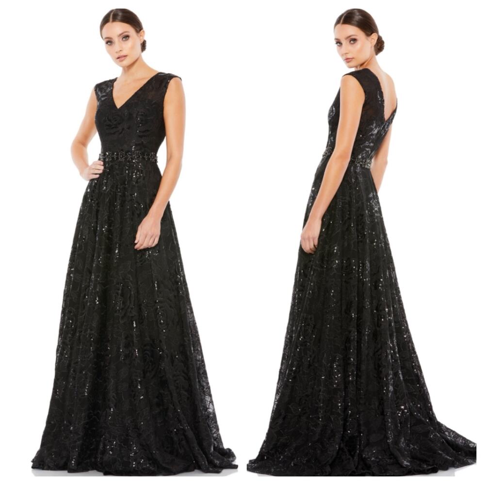 Mac Duggal Women's Black Embroidered Cap Sleeve A-Line Gown Dress Size 8 NWT